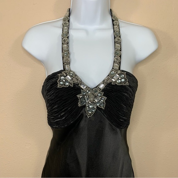 Morgan And Co Black Satin Formal Cocktail Dress Sleeveless Gemstone Small 3 4 - Picture 3 of 12